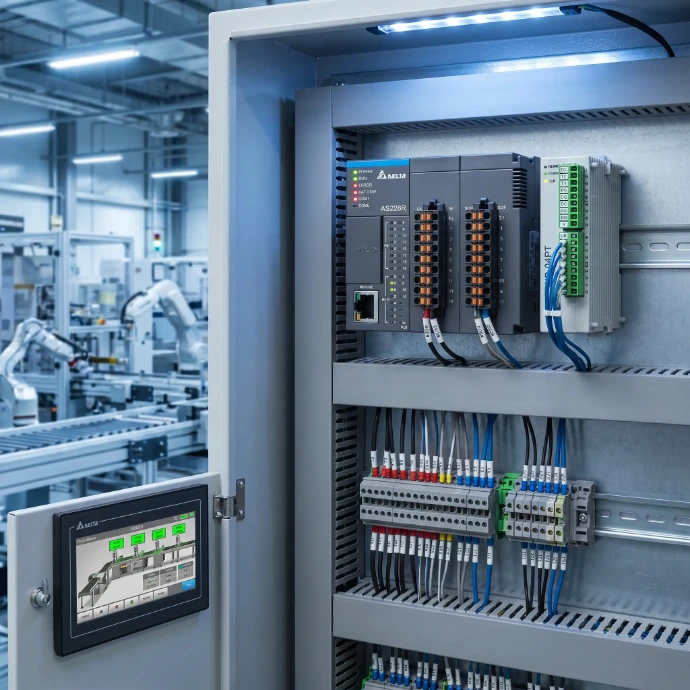 Equipos de automatización y control industrial, PLCs y paneles HMI Delta.
