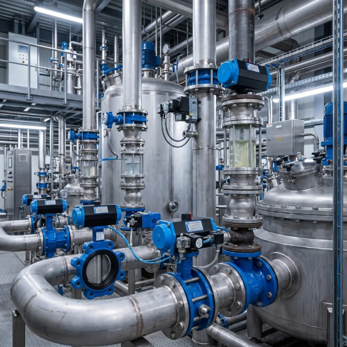 Válvulas industriales y actuadores neumáticos para control de fluidos.