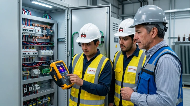 Ingeniero realizando diagnóstico técnico y levantamiento eléctrico en instalaciones industriales.