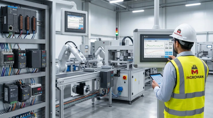 Integración de sistemas de automatización industrial, PLCs y paneles HMI marca Delta Electronics.