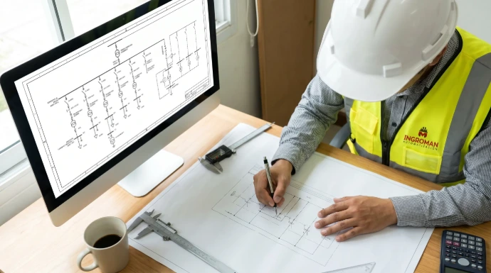 Ingeniero de campo elaborando planos y dibujos técnicos para servicios de ingeniería y soluciones eléctricas.